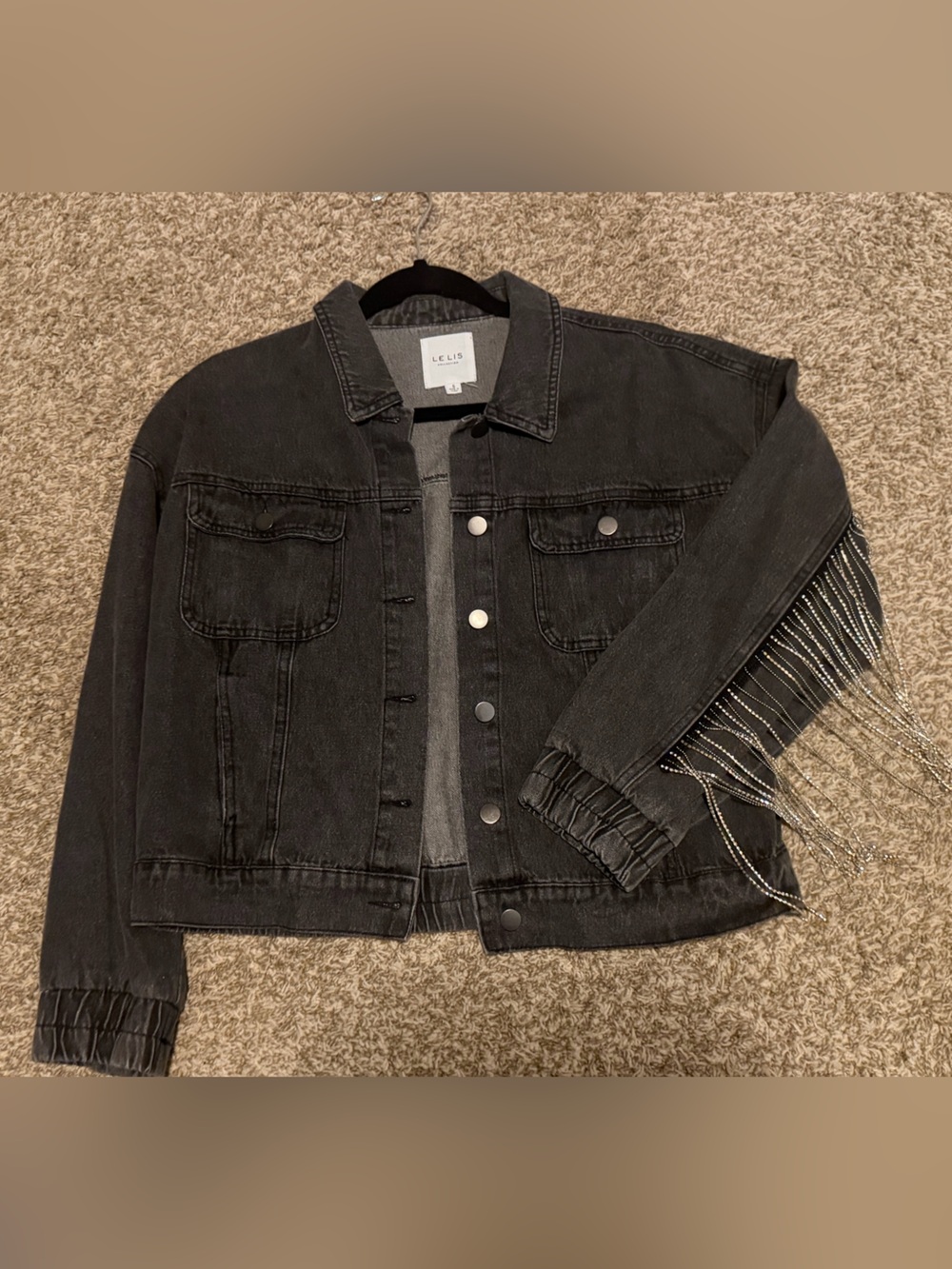 Le Lis Black Denim Jacket with Rhinestone Fringe